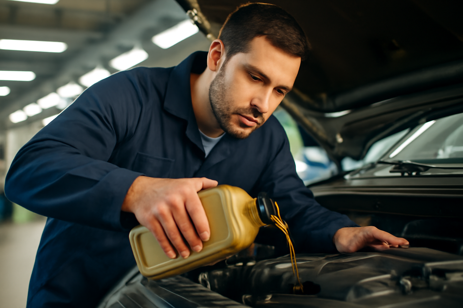 Technician pouring synthetic motor oil into a car engine at an oil-change service bay