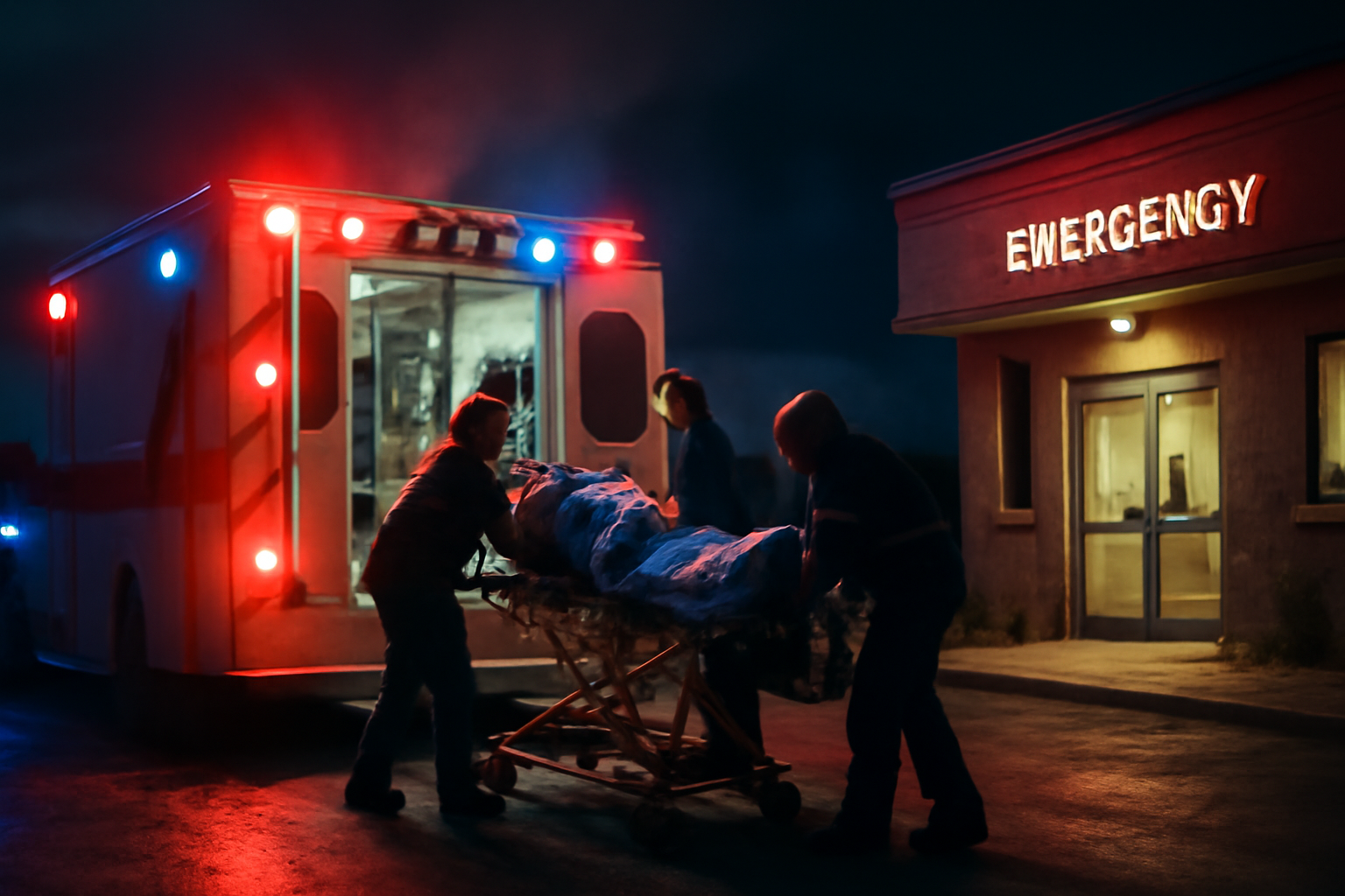 Paramedics loading an injured person into an ambulance outside a health center near a Canadian military base in Alberta