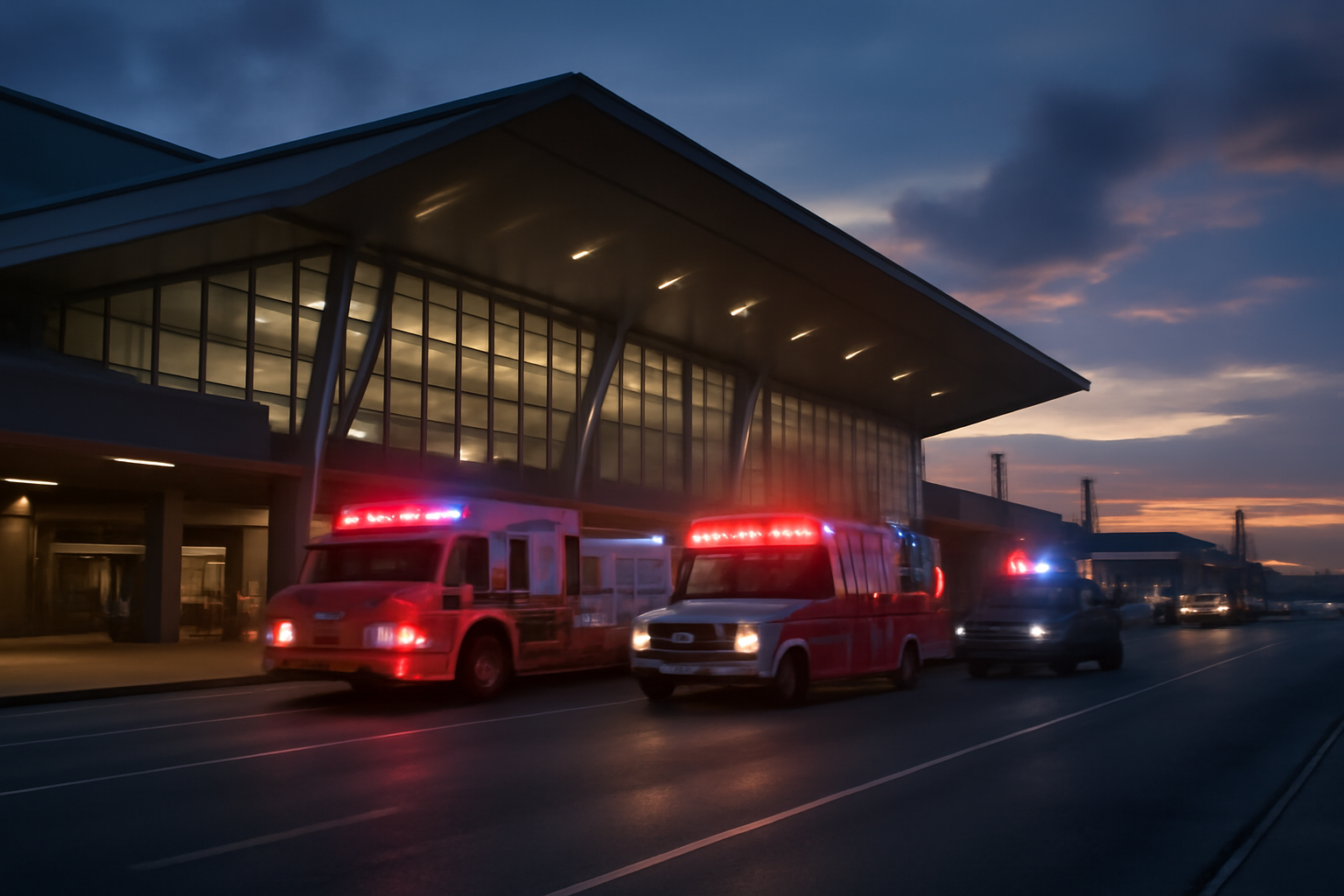 Airport exterior at dusk with emergency vehicles near a terminal entrance
