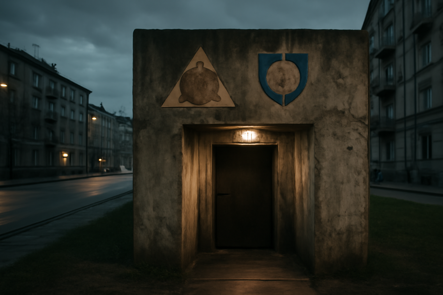 Entrance to a weathered concrete Cold War-era bomb shelter on a Polish city street