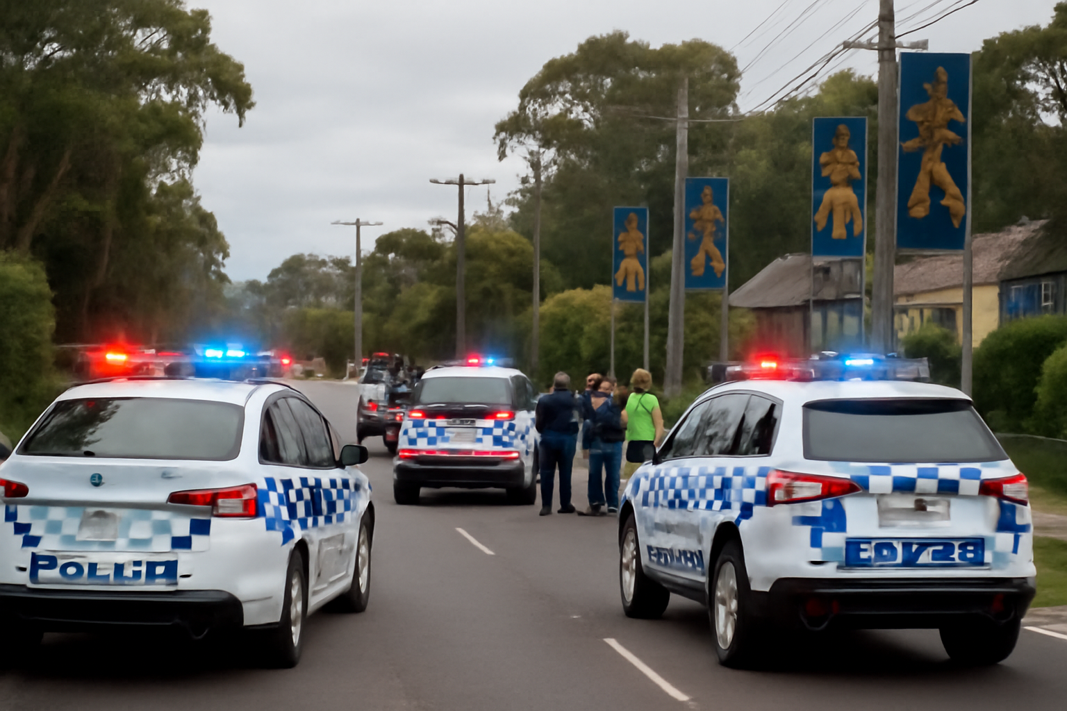 Emergency vehicles and police tape on a suburban road north of Sydney after a vehicle struck a crowd of rugby fans