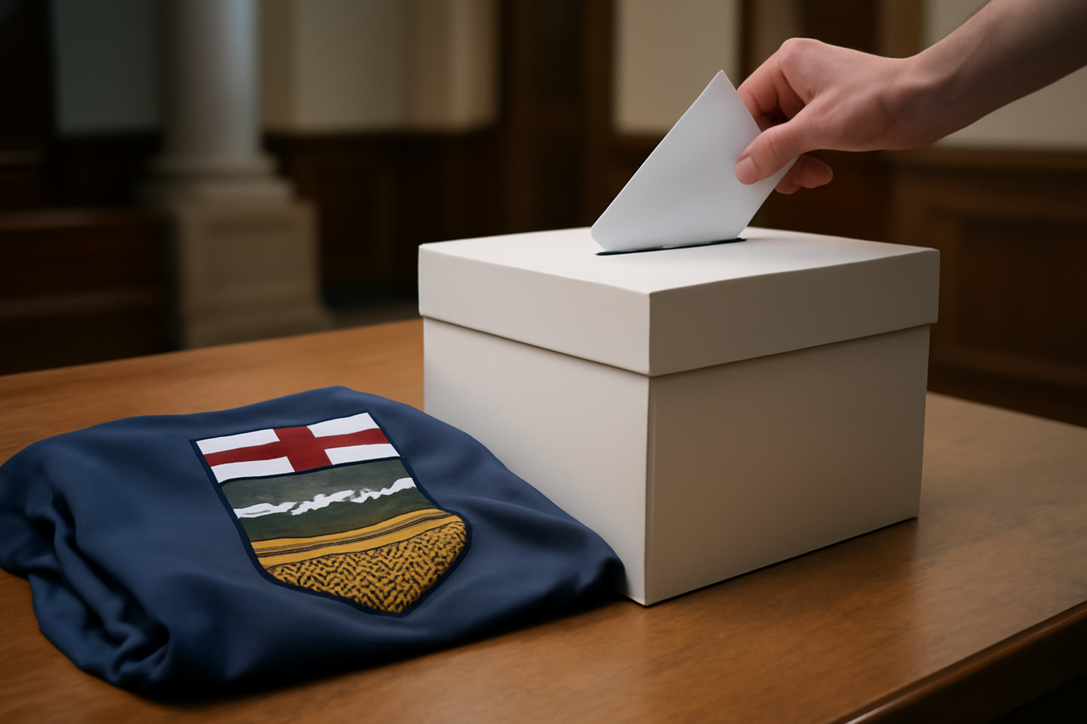 Ballot box and Alberta provincial flag on a table during a referendum count