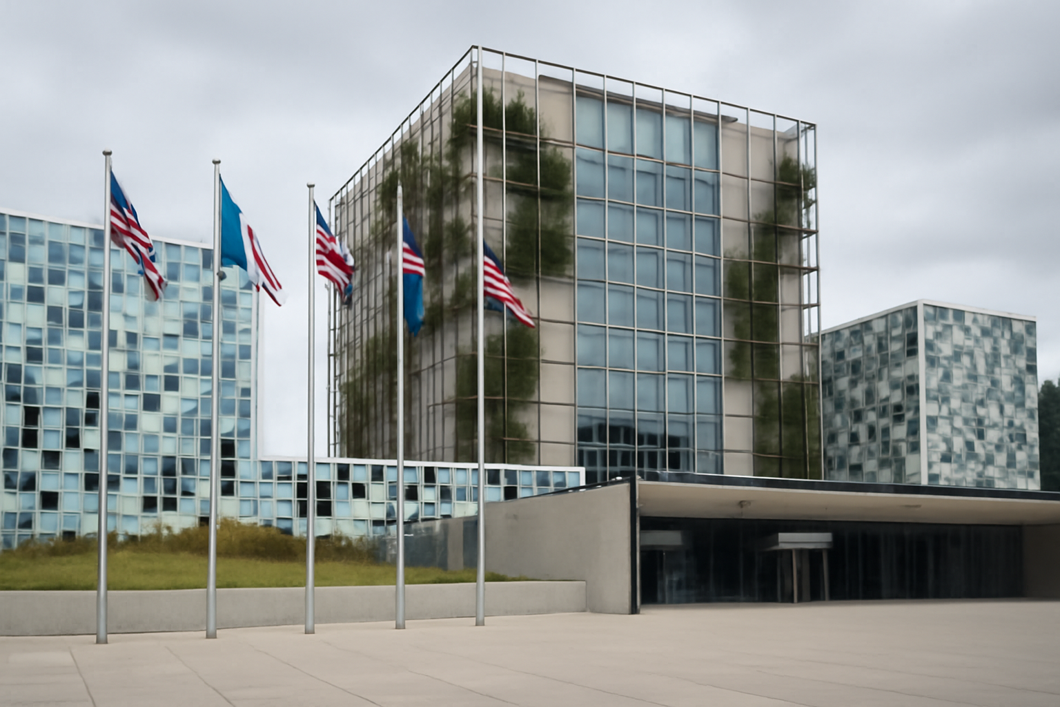Exterior of the International Criminal Court building in The Hague with flags outside
