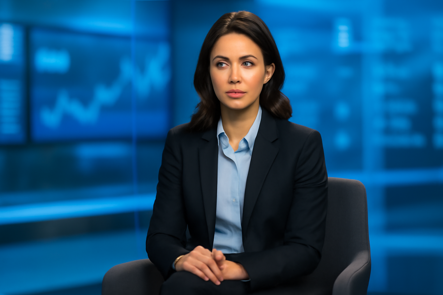A financial executive speaks during a television interview set with market charts visible in the background