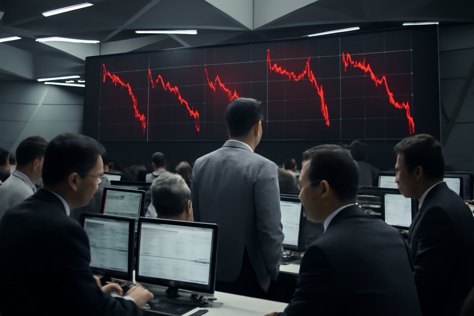 Electronic ticker board showing a sharp red decline on the Jakarta stock exchange display