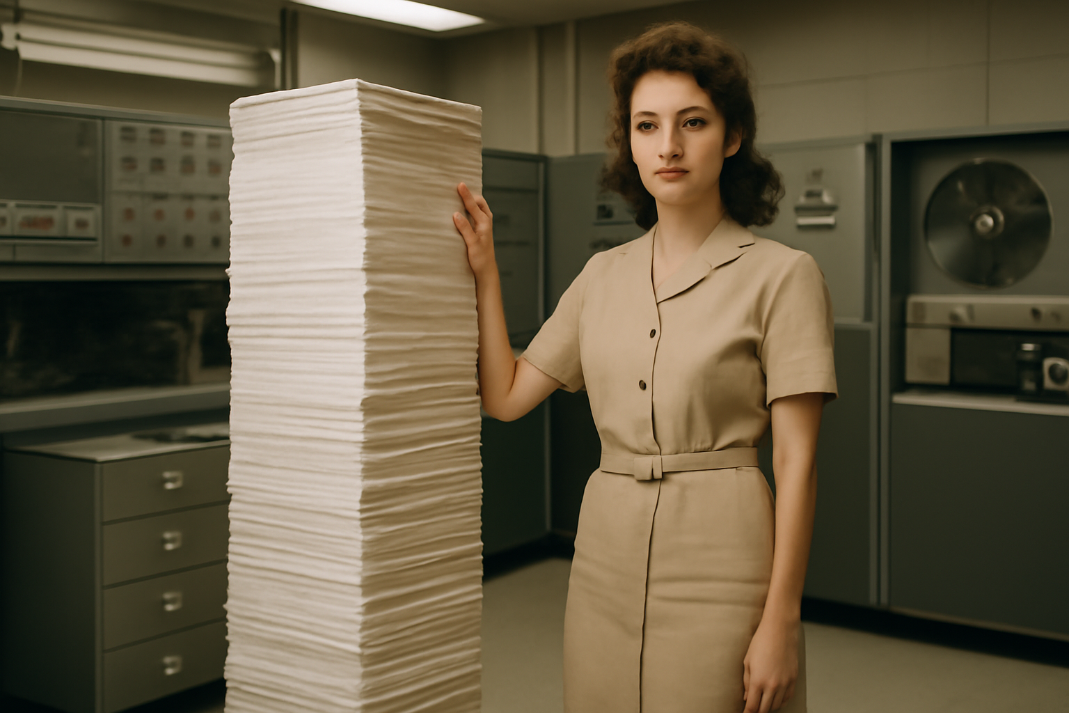 Margaret Hamilton standing beside a tall stack of Apollo flight software code printouts in 1969