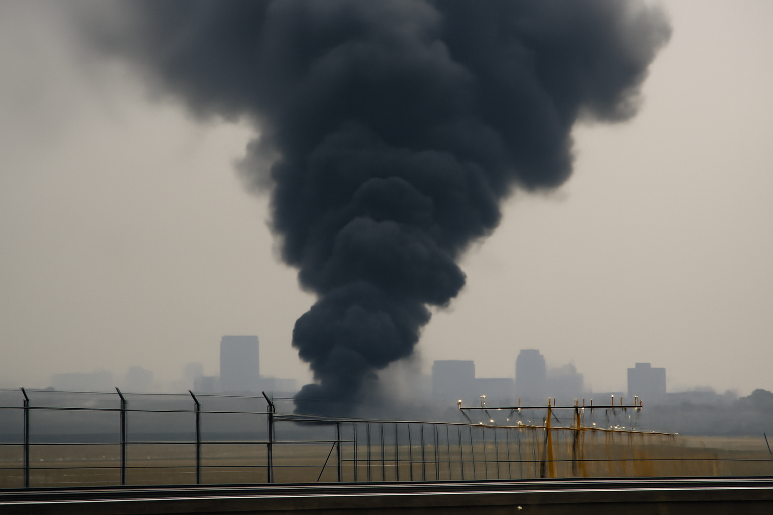 Black smoke rising over a section of Riyadh near the international airport perimeter