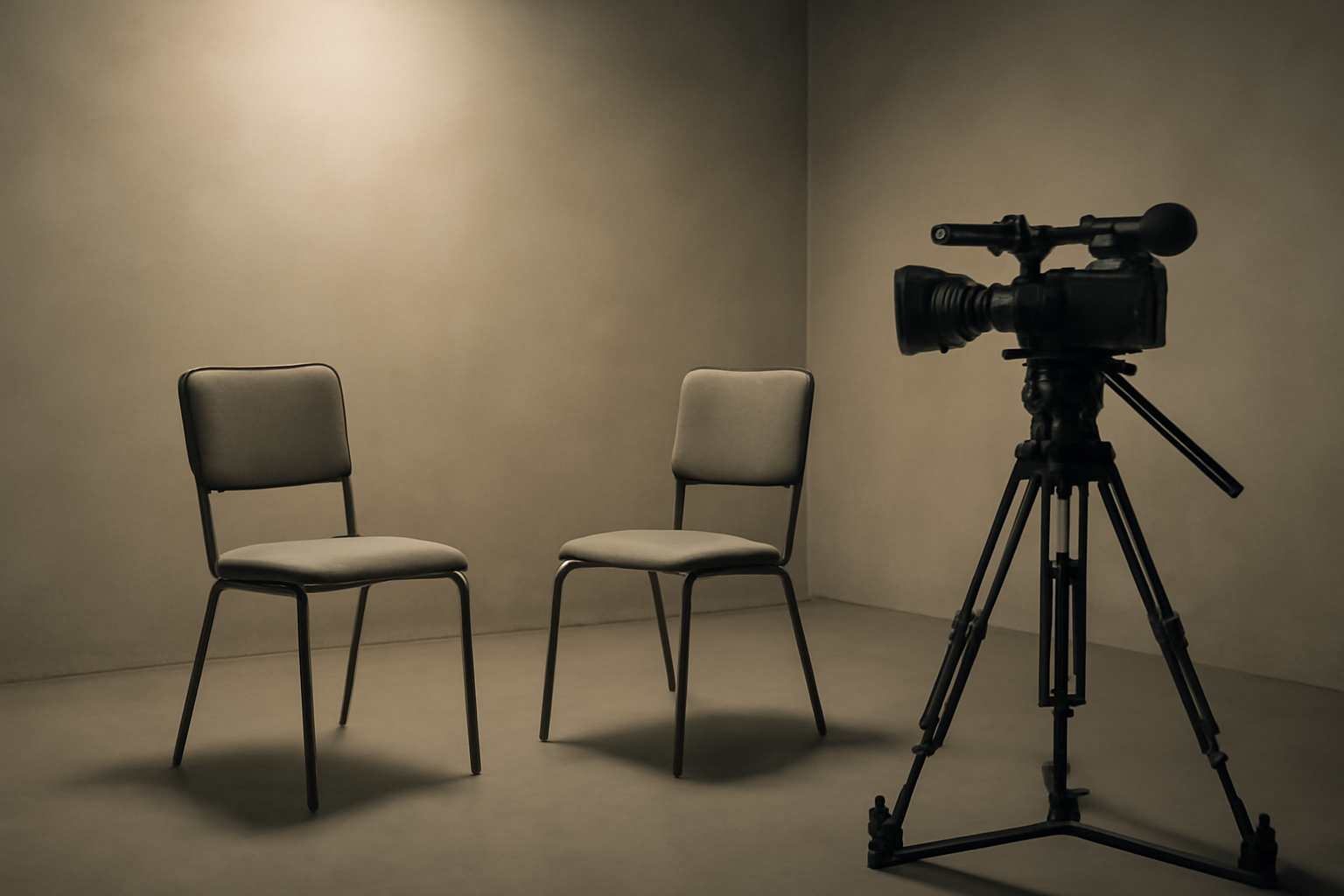 Split-frame composition suggesting a documentary interview setup with two facing chairs and camera equipment in a stark studio room