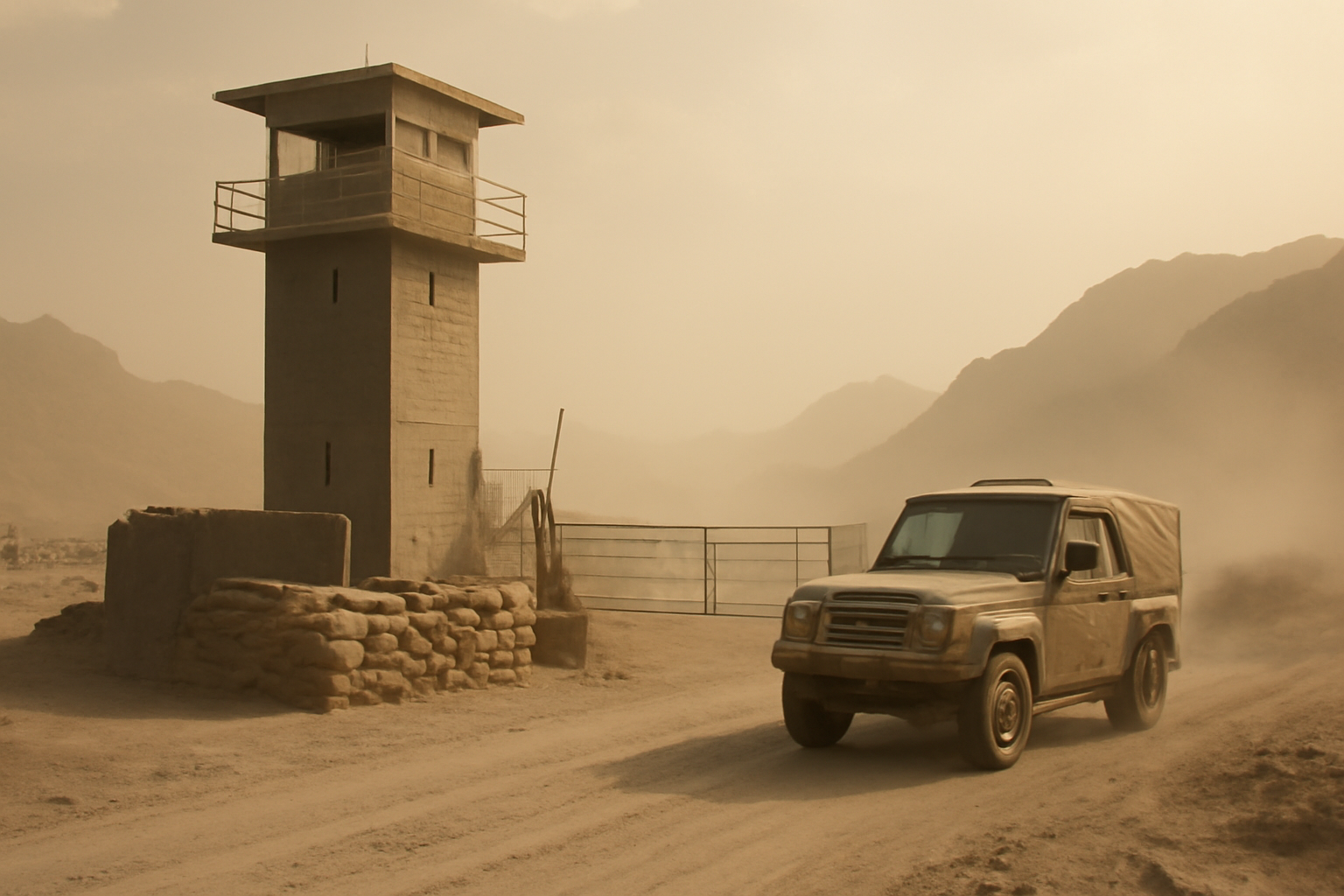 Desert border checkpoint between Yemen and Saudi Arabia with a watchtower under a hazy afternoon sky