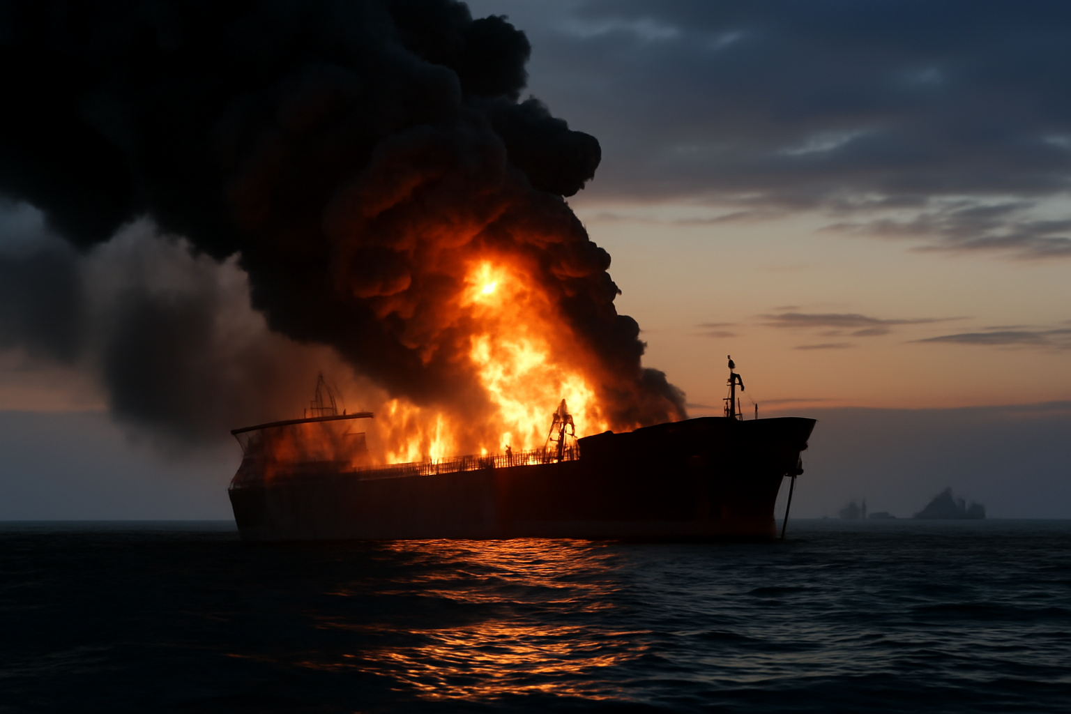 A large oil tanker burning with thick black smoke in the Strait of Hormuz