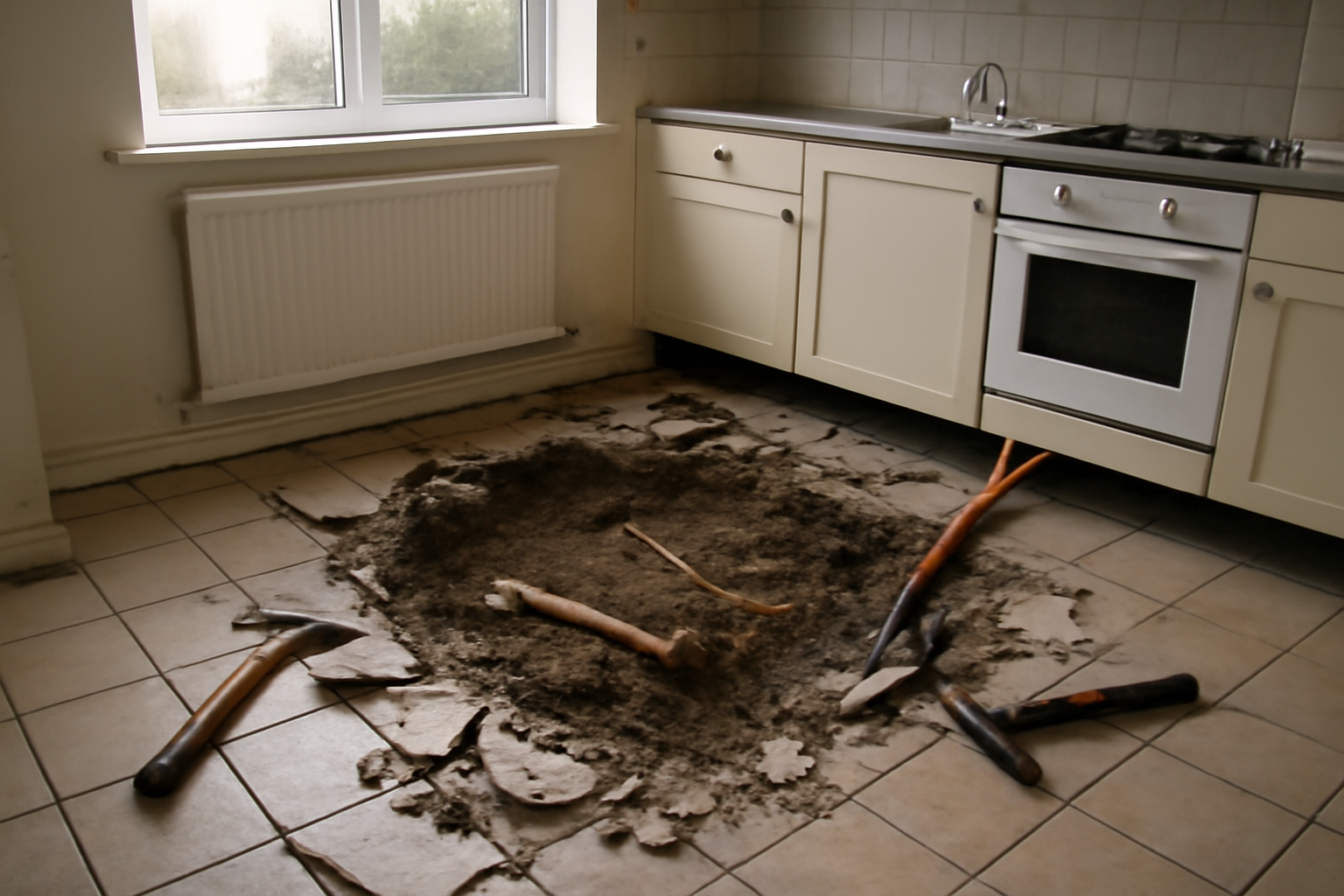 Excavated bones partially visible beneath a torn-up kitchen floor during a home renovation in England