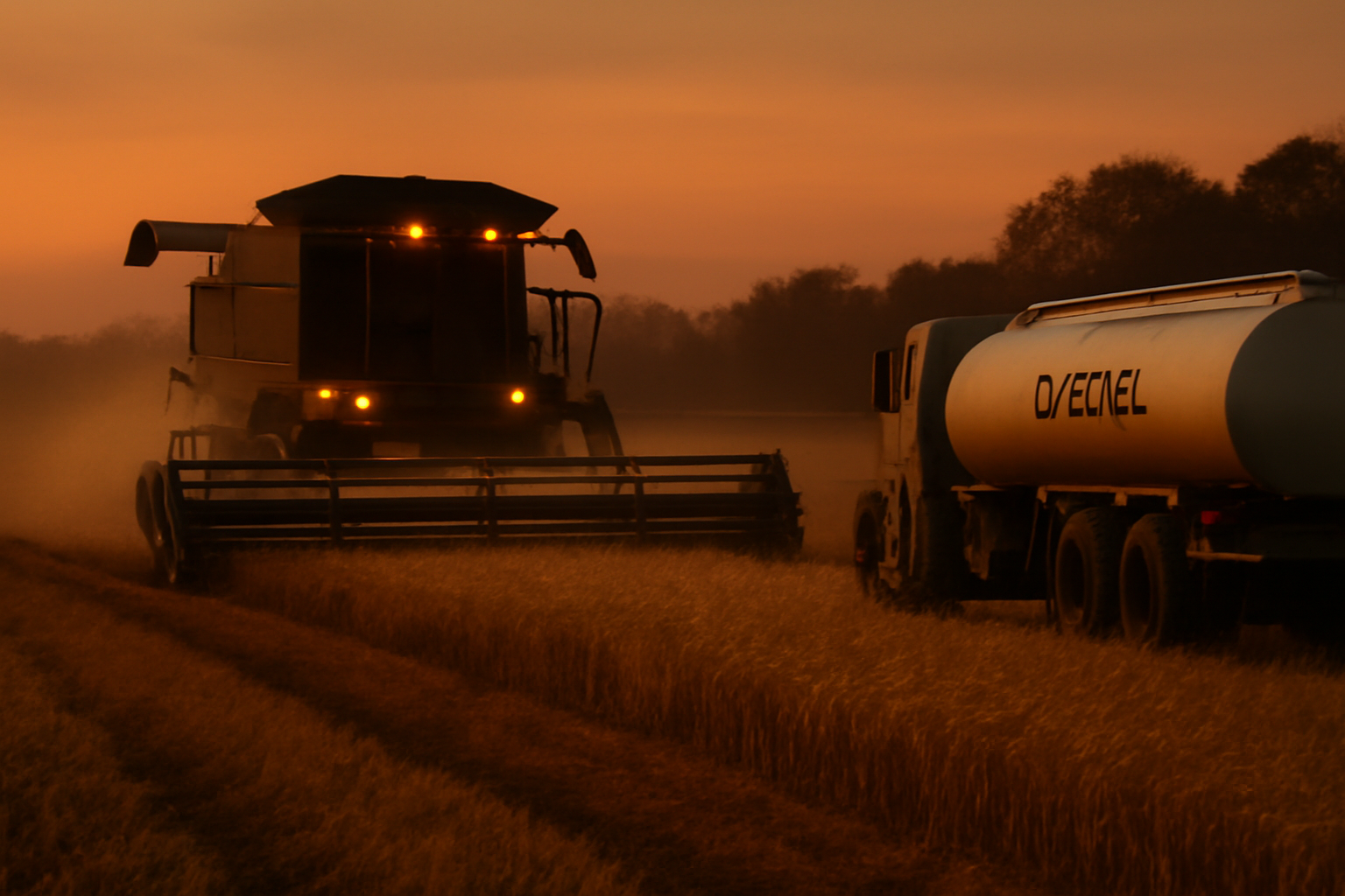 A combine harvester working a grain field at sunset with a fuel truck parked nearby