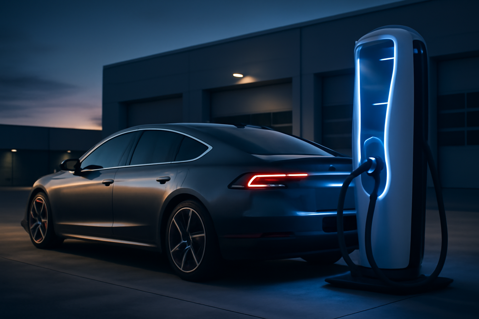 Electric vehicle plugged into a high-power charging station with a digital readout showing rapid charge percentage