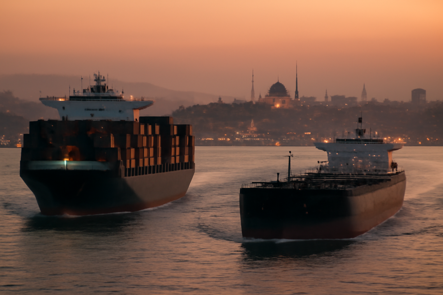 Cargo ship passing near a Red Sea coastal port at dusk with a city skyline in the background