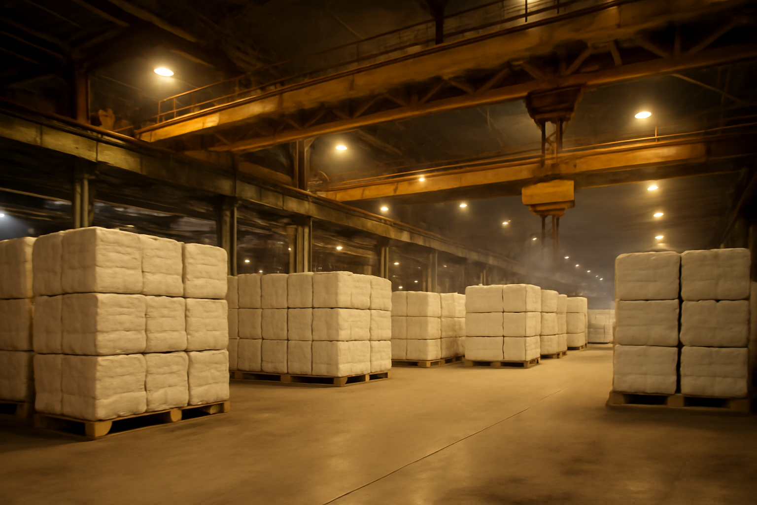 Stacks of raw wood pulp bales inside an industrial pulp mill warehouse