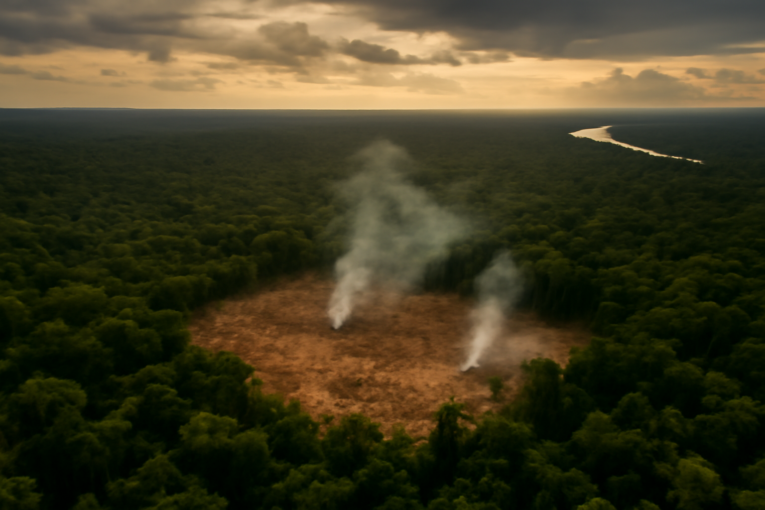 Aerial view of Amazon rainforest with a cleared patch and smoke rising near the tree line
