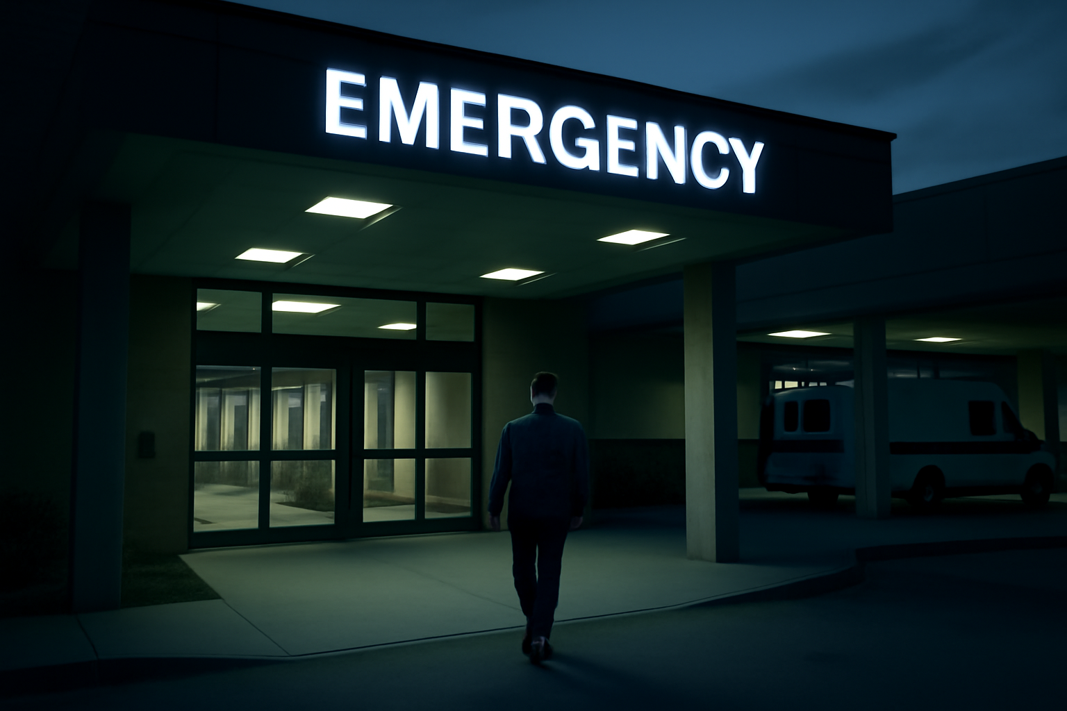 A masked patient coughing at a hospital emergency department entrance