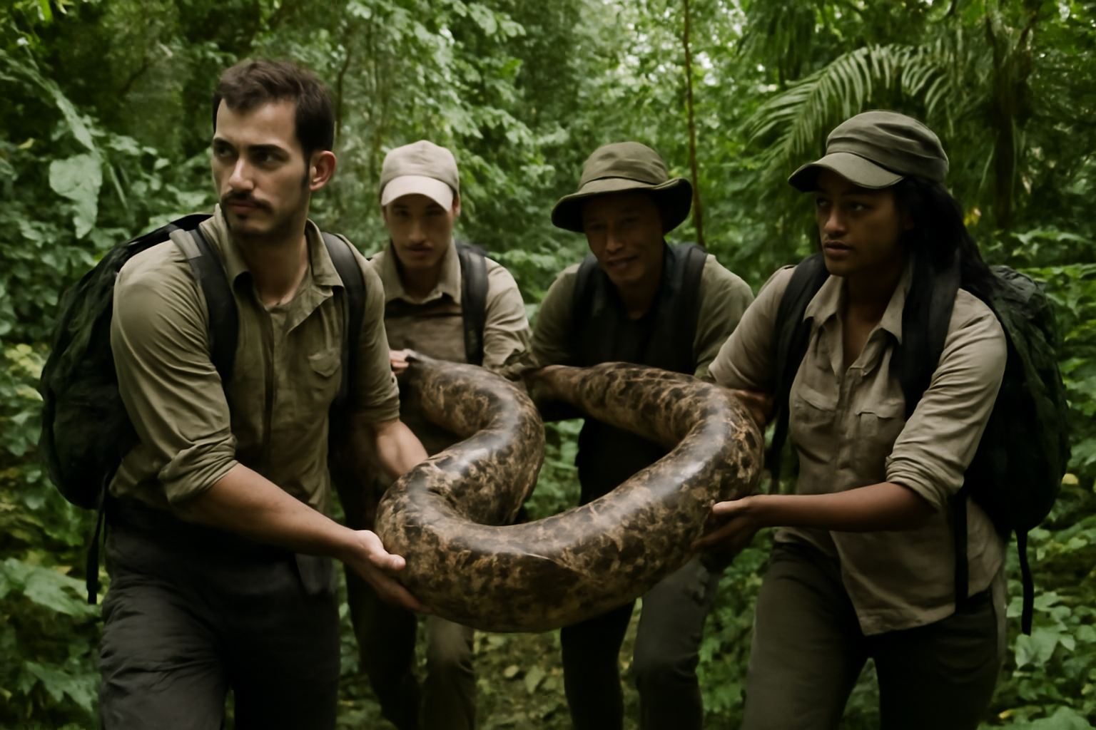Hunters carrying a large reticulated python through dense jungle vegetation in Puerto Rico