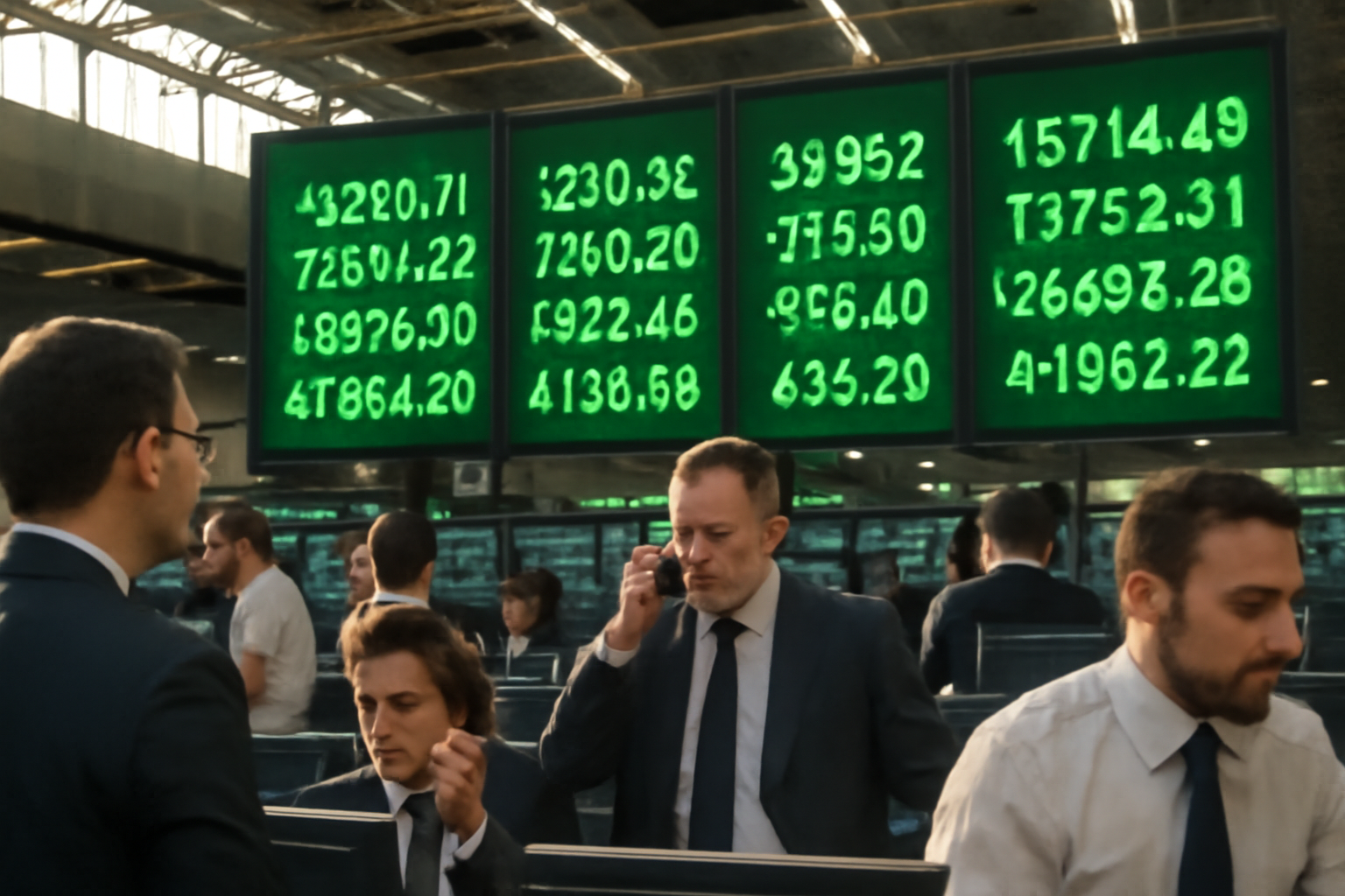 Traders on a stock exchange floor watching a screen showing rising market indexes
