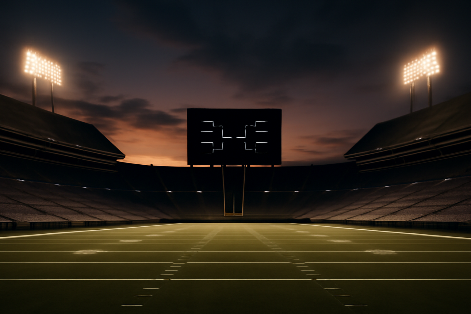 Empty college football stadium under stadium lights before a playoff game