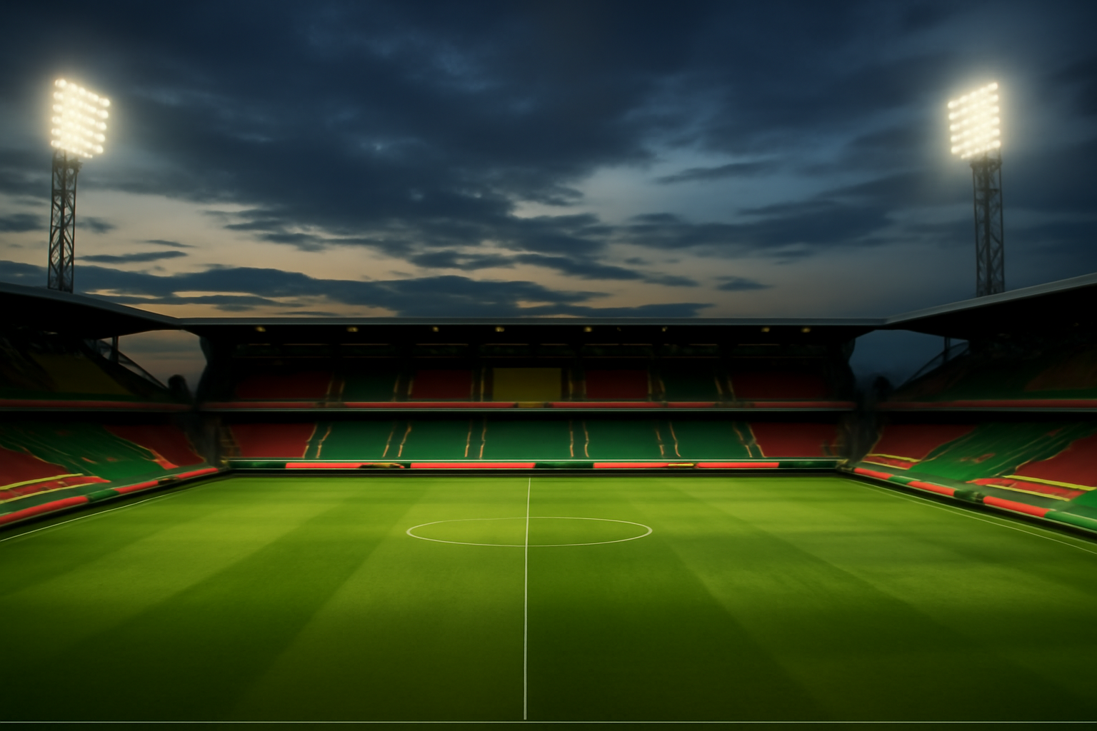 Empty football stadium seating bowl in Accra under stadium floodlights before a match