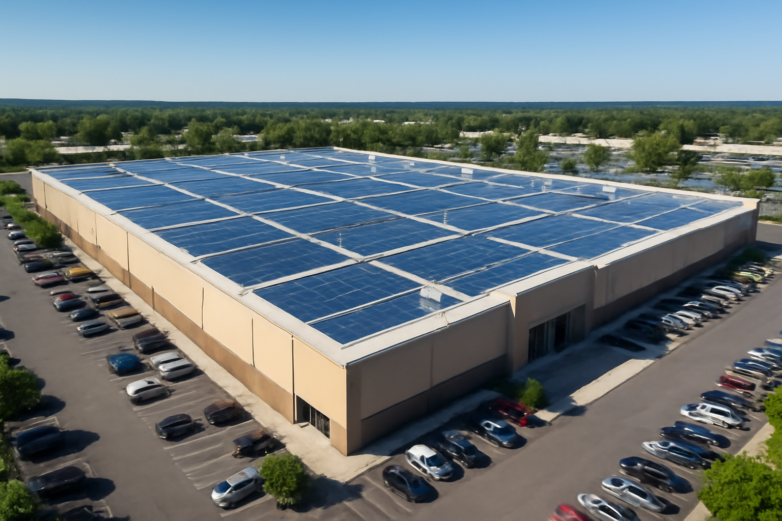 Solar panels on a big-box store rooftop