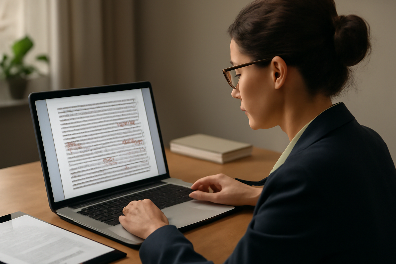 A translator reviews a legal document on a laptop screen showing highlighted AI-generated text corrections