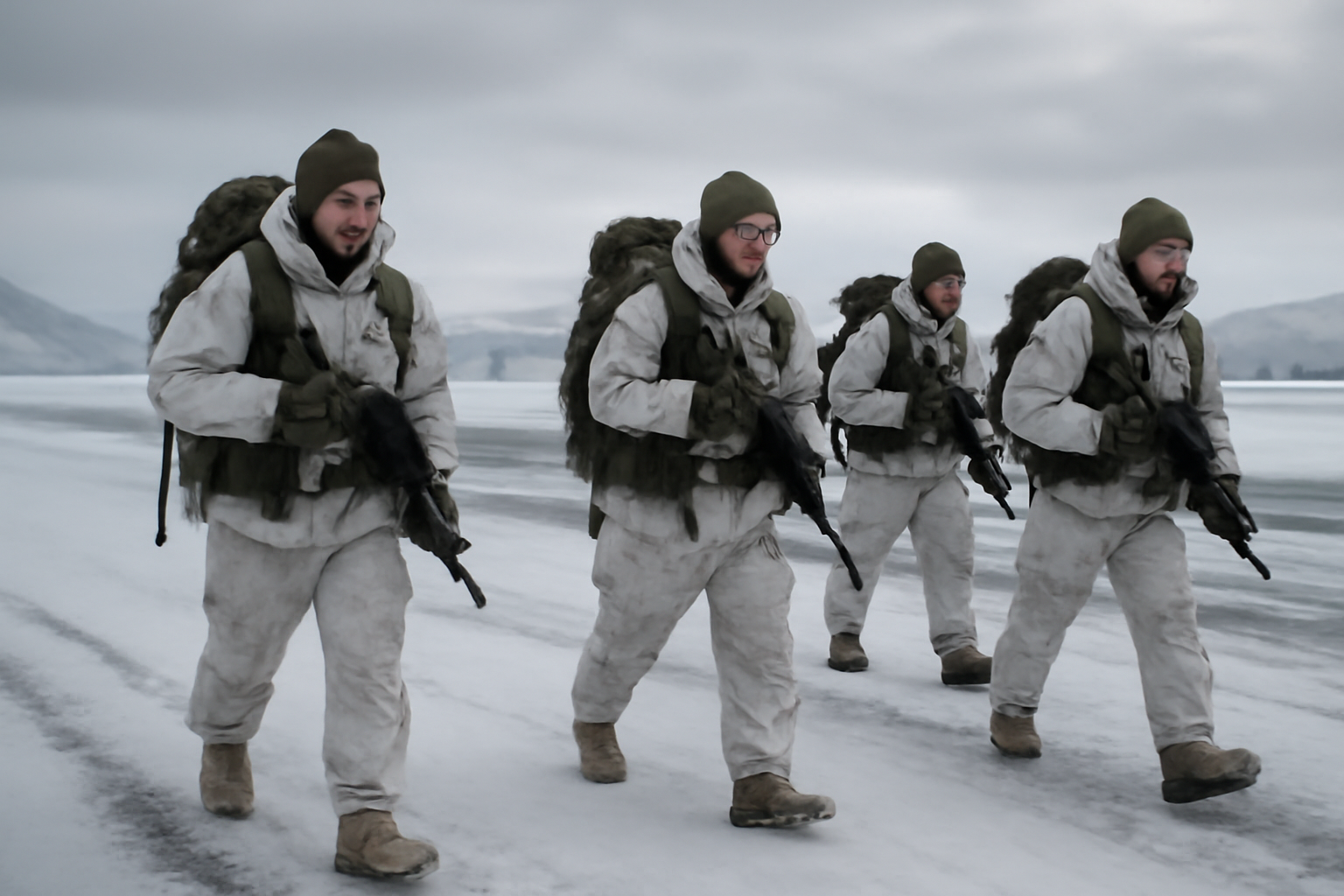 Danish soldiers walking across a frozen airport tarmac in Nuuk, Greenland