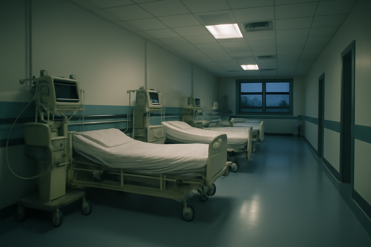 Empty hospital ward corridor with beds and medical monitoring equipment