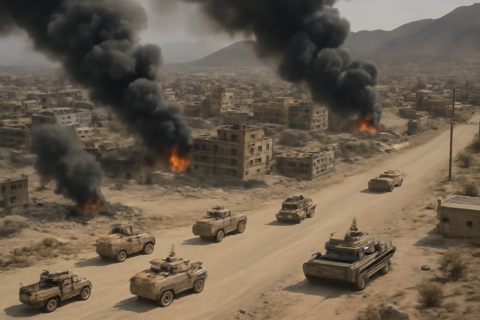 Aerial view of a conflict zone in Yemen with military vehicles and smoke.