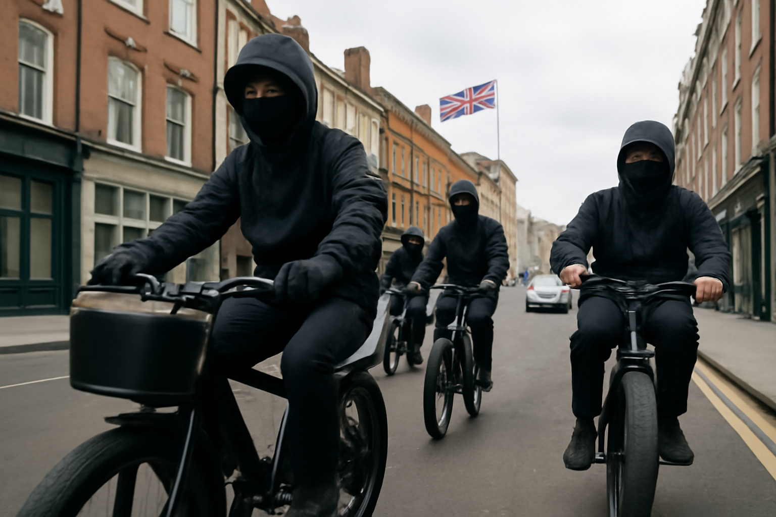 Masked individuals on electric bikes in a UK urban setting