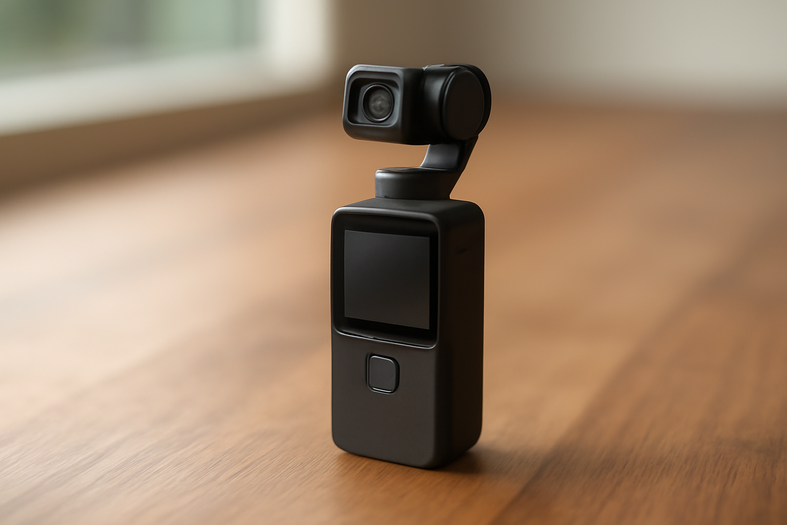 DJI Osmo Pocket 3 camera with rotatable screen resting on a wooden table