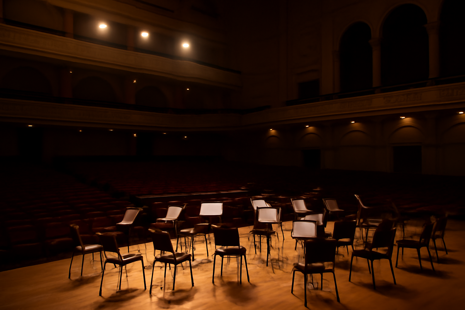 Empty performance hall stage lit for rehearsal with rows of vacant seats
