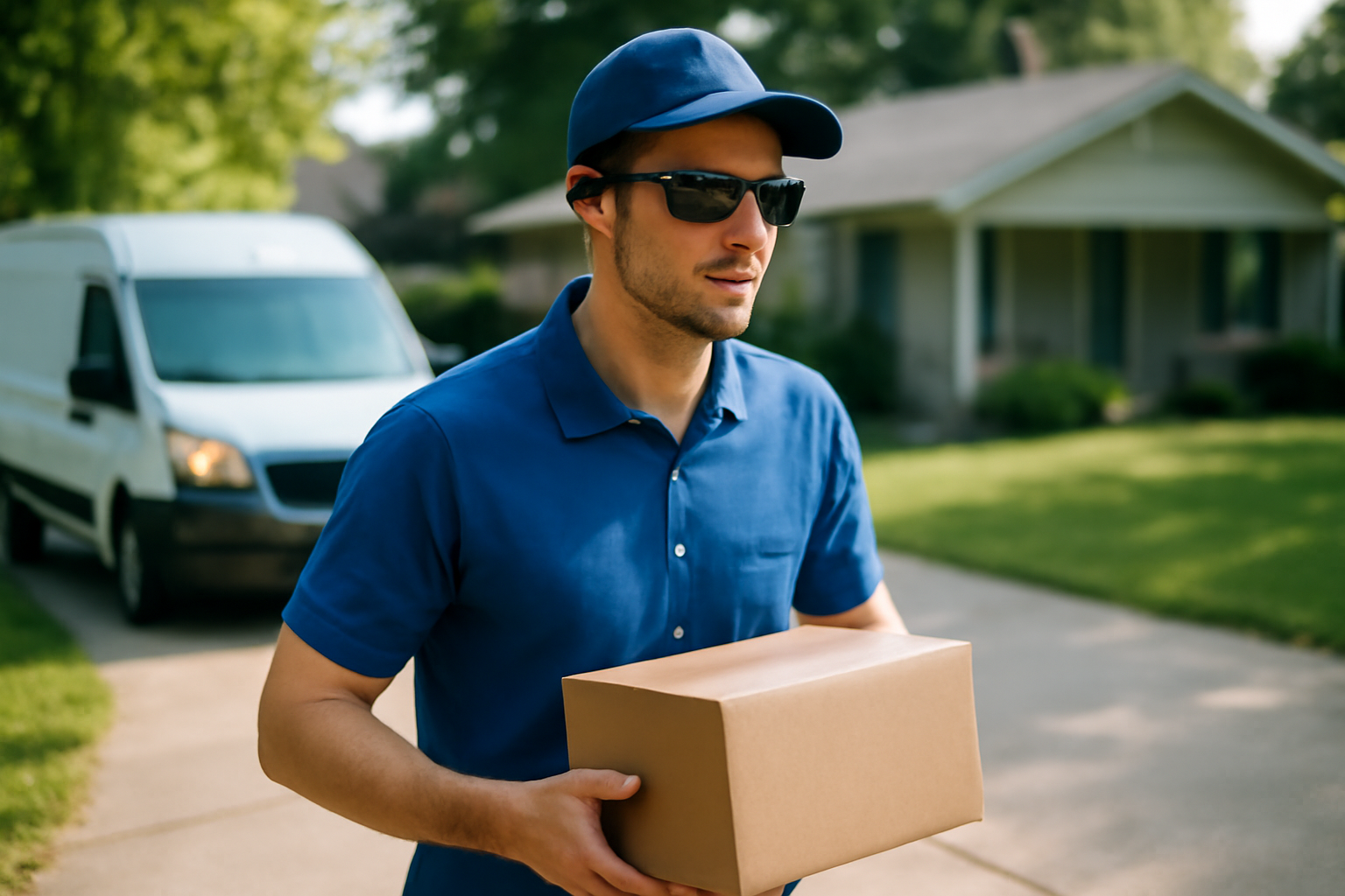 Delivery driver wearing camera-equipped smart glasses while carrying a package to a front door