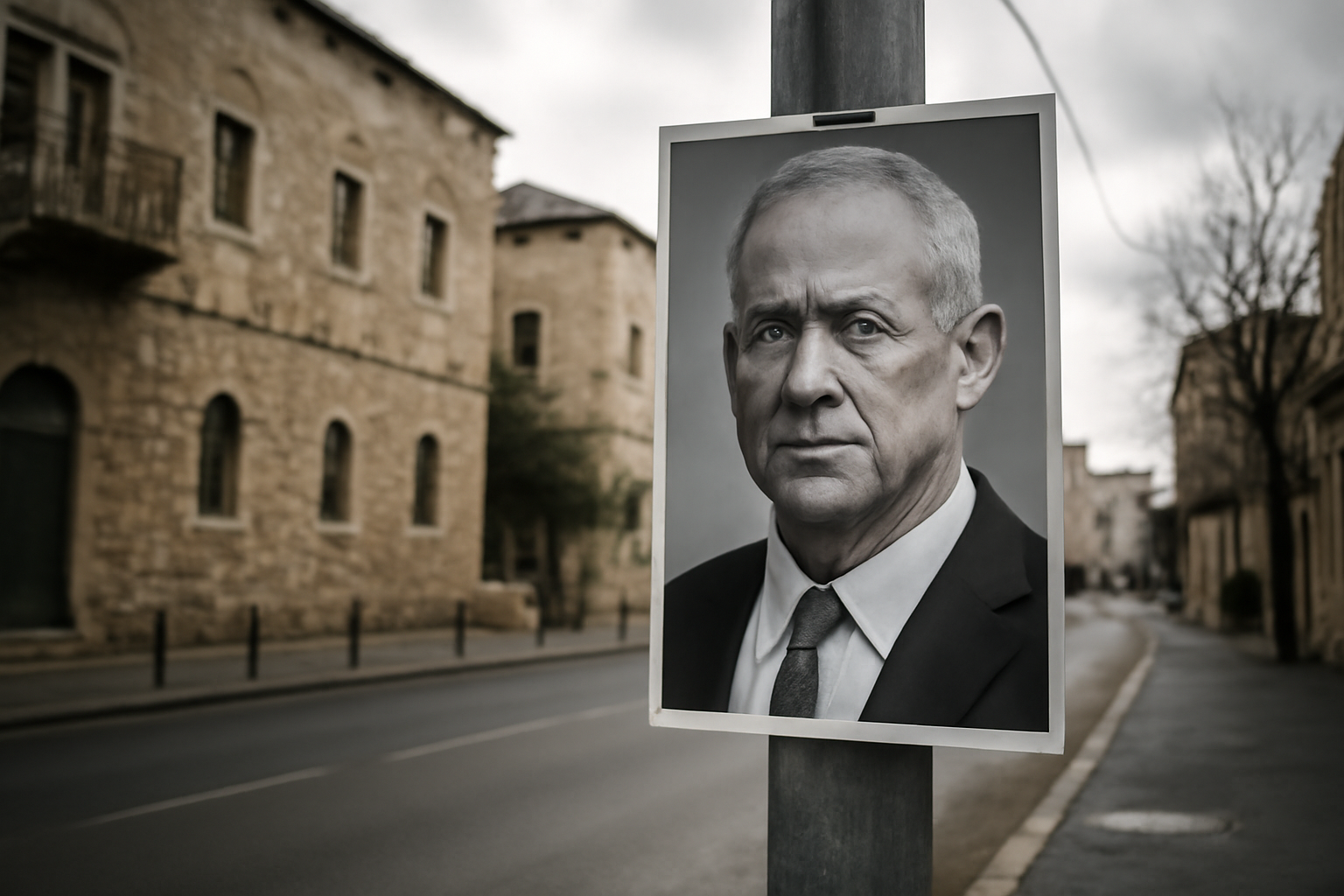 A campaign poster of a former Israeli military commander displayed near a polling sign in Jerusalem