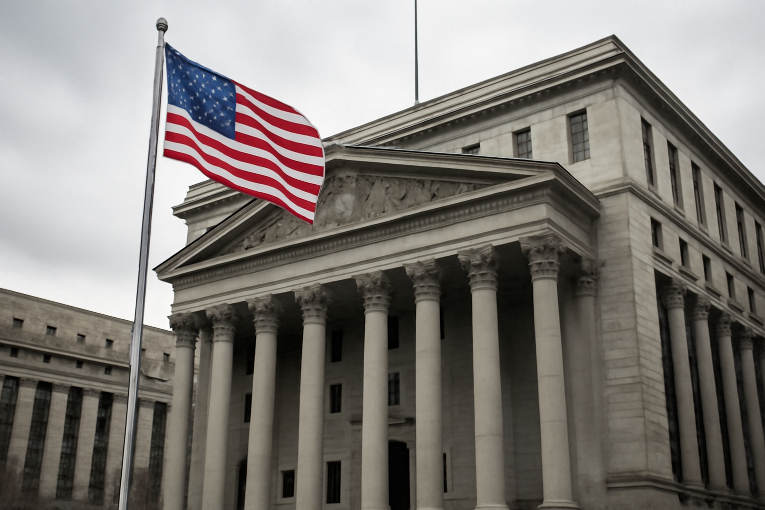 Federal courthouse entrance with an American flag outside a glass and stone facade