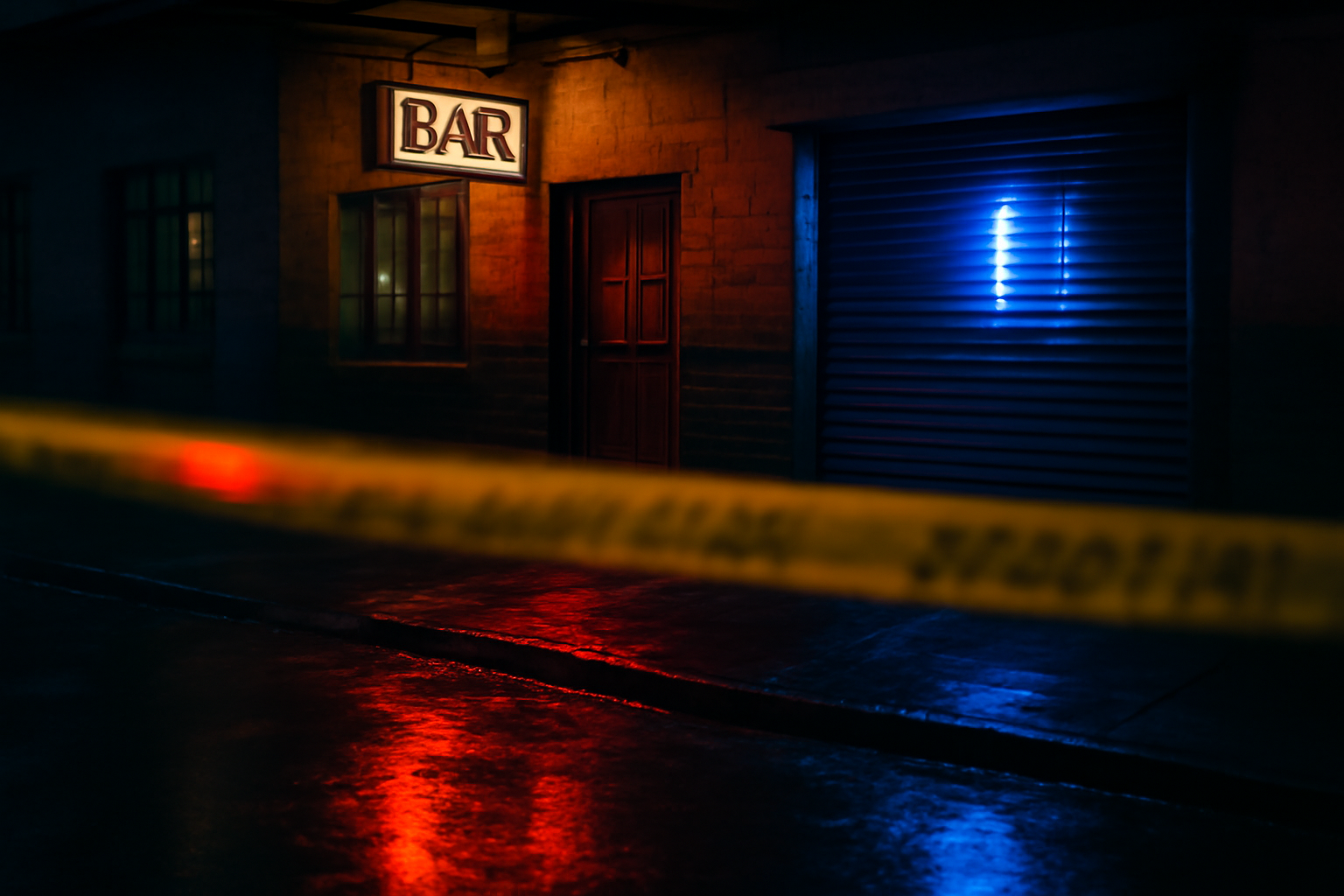 Police tape cordoning off a bar entrance at night in South Africa