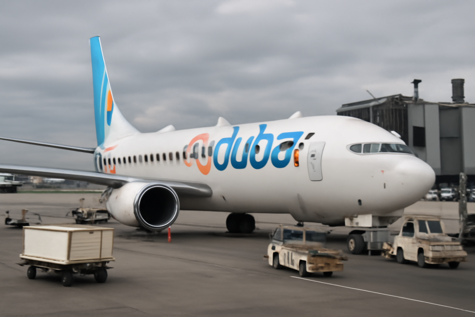 A FlyDubai commercial aircraft parked at an airport gate under daylight sky