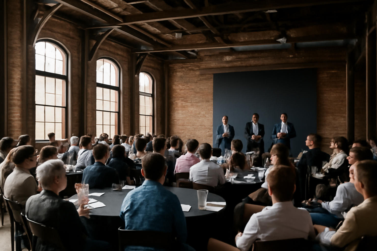 Founders and investors seated at round tables inside an industrial event space during a daytime conference session