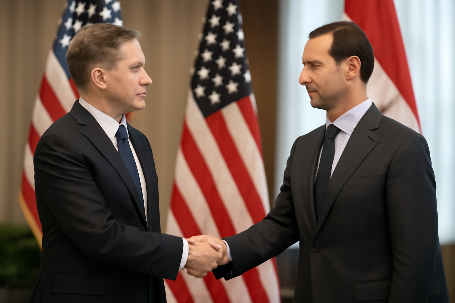 US and Syrian officials shaking hands beside national flags at a diplomatic meeting