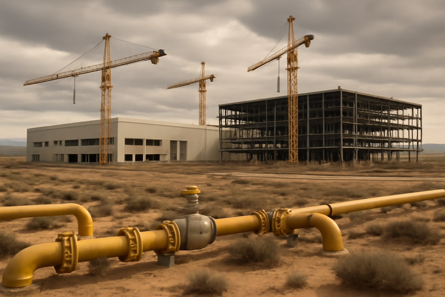Data center construction site with cooling towers and power infrastructure under a desert sky