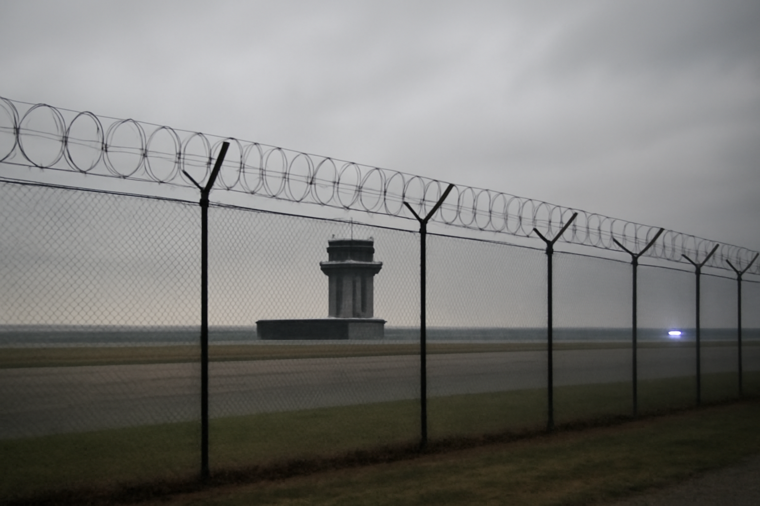 Perimeter fence and control tower at a Royal Air Force base under overcast sky
