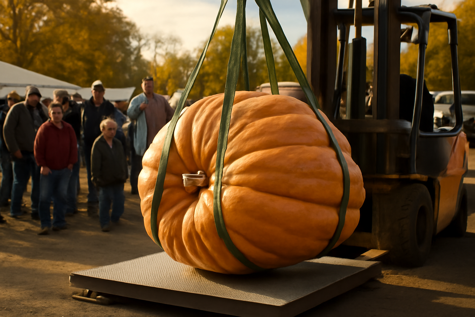 Giant orange pumpkin on a flatbed scale at an outdoor weigh-in event