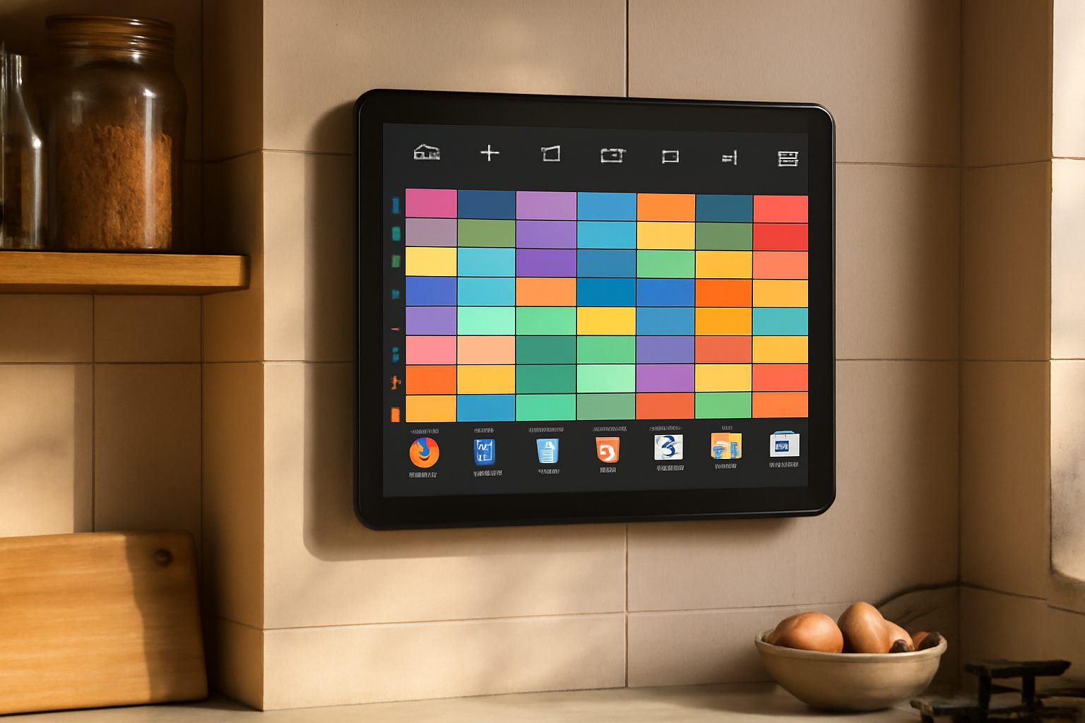 A 15.6-inch digital wall calendar mounted in a kitchen showing a family schedule and chore chart
