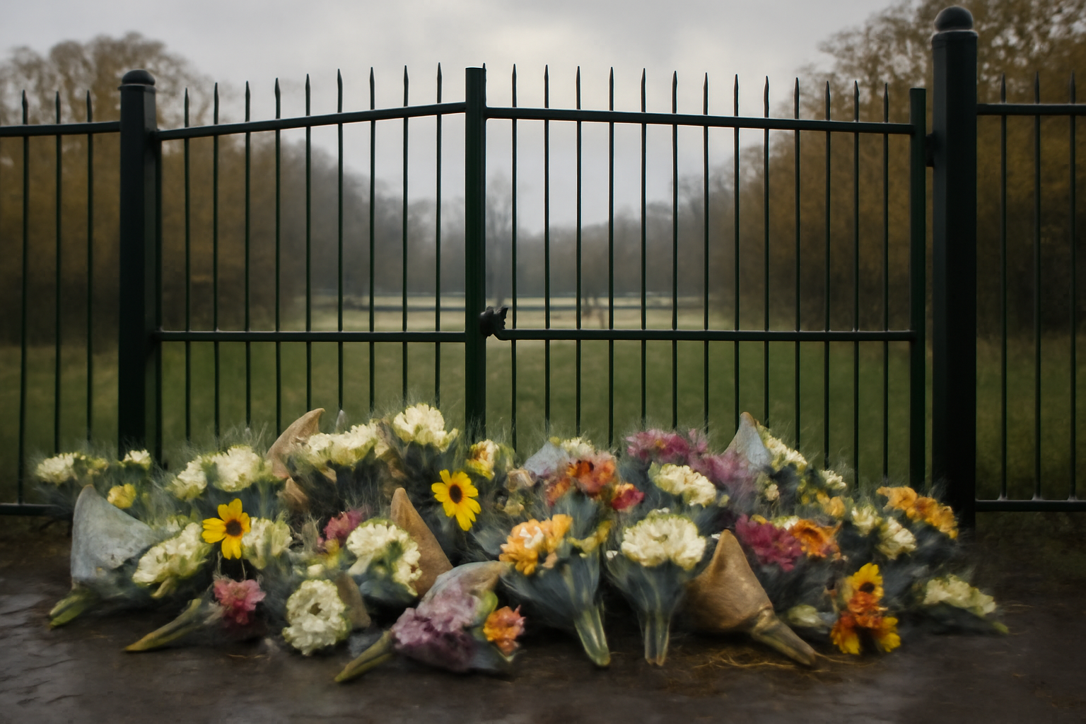 Floral tributes left at the entrance gates of a wildlife park closed to visitors