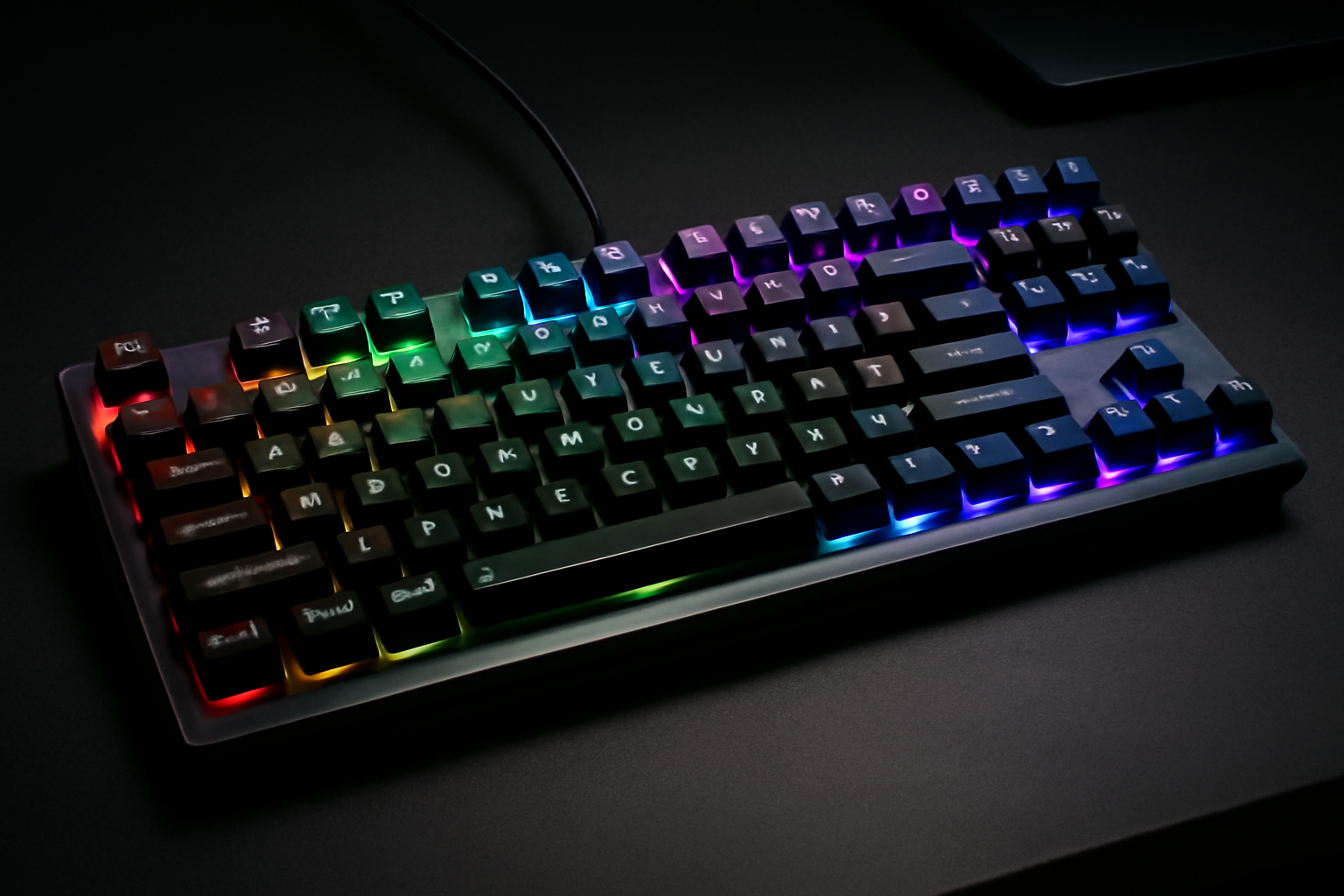 Close-up of a mechanical gaming keyboard with floating keycaps and RGB backlighting on a desk