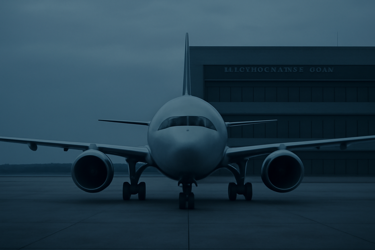 A commercial airliner grounded on an empty tarmac beside a shuttered bank facade