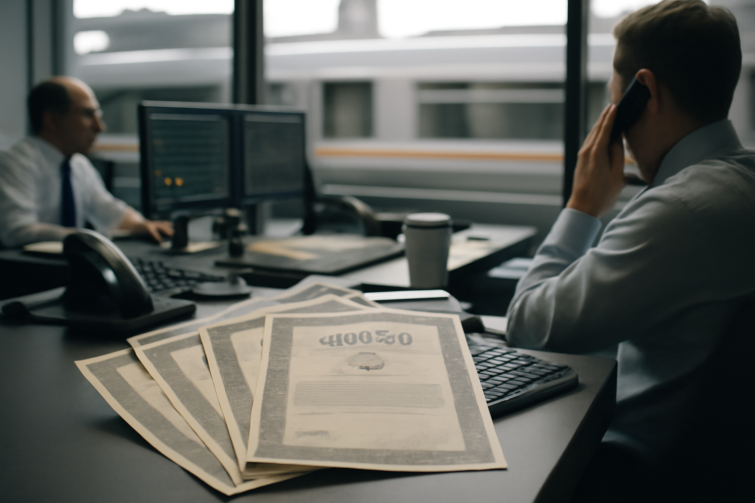 Stack of municipal bond certificates beside a rail line, symbolizing a debt sale
