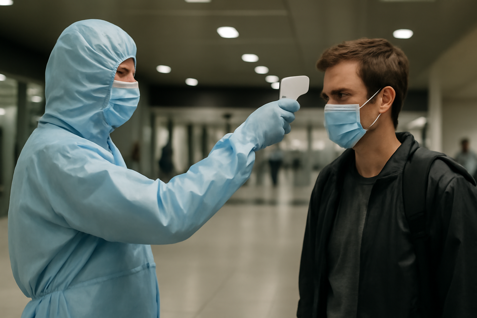 Health worker in protective gear checking a traveler at an airport arrivals screening station