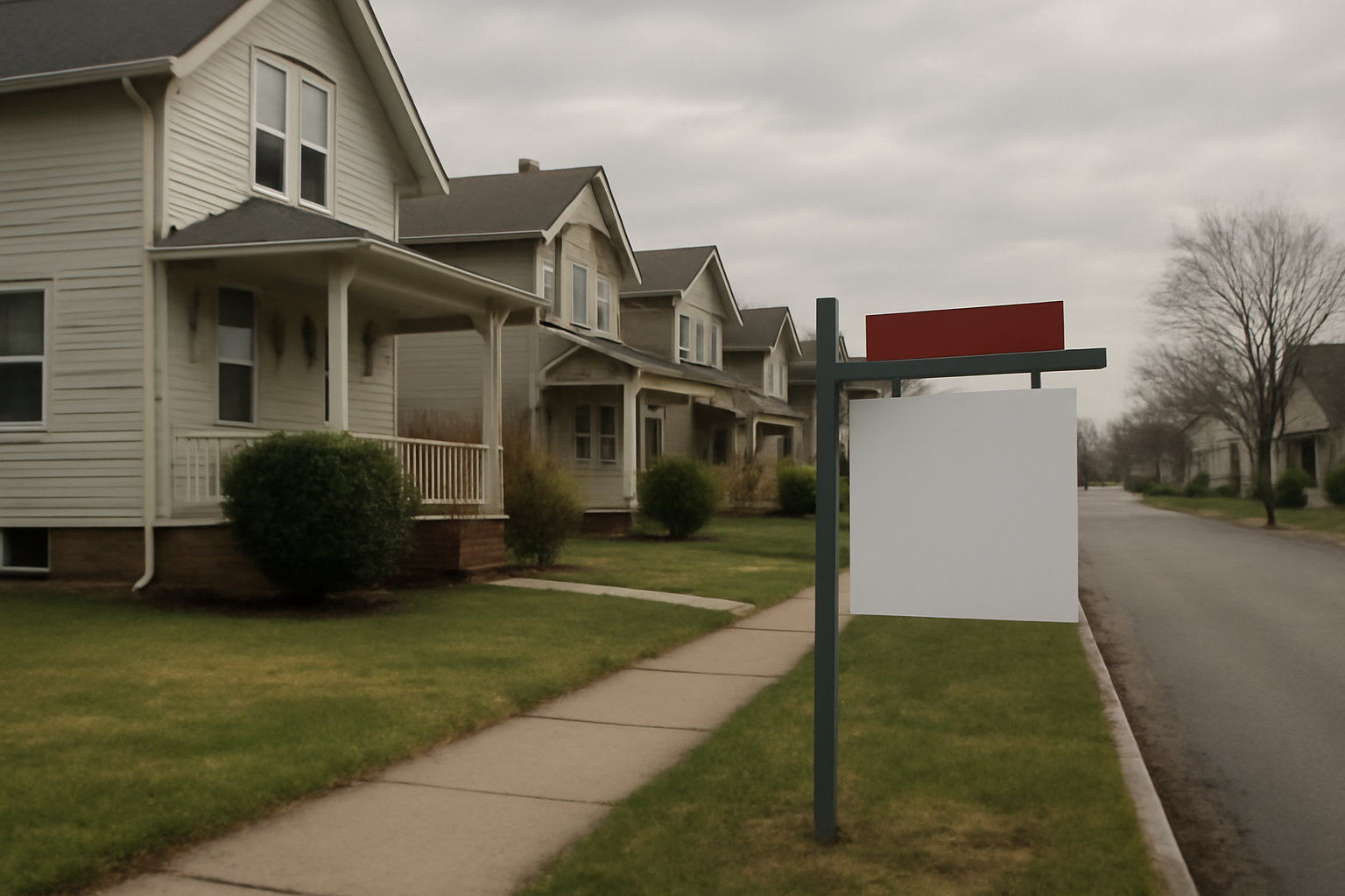 A row of suburban houses with a for-sale sign under a cloudy sky